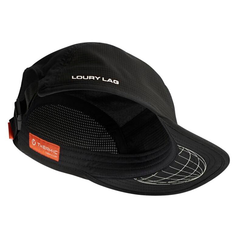 Black cap with mesh design and visible branding on a white background