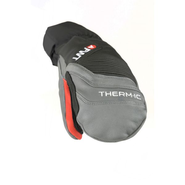 Gray and black glove with red accents on a white background