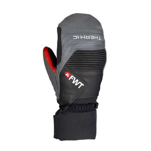 Black and gray mittens with FWT branding on a white background