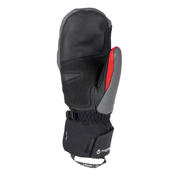 Black and gray winter mitten with red accents on a white background