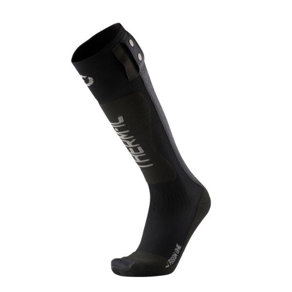 A single black compression sock with white branding, shown on a plain white background.