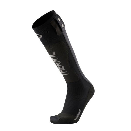 A single black compression sock with white branding, shown on a plain white background.