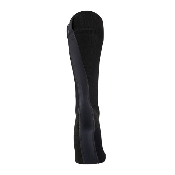 A single black athletic compression sleeve or leg sleeve shown from the side against a plain white background.