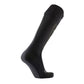A single black athletic compression sock shown on a white background, angled diagonally to display its shape and texture.