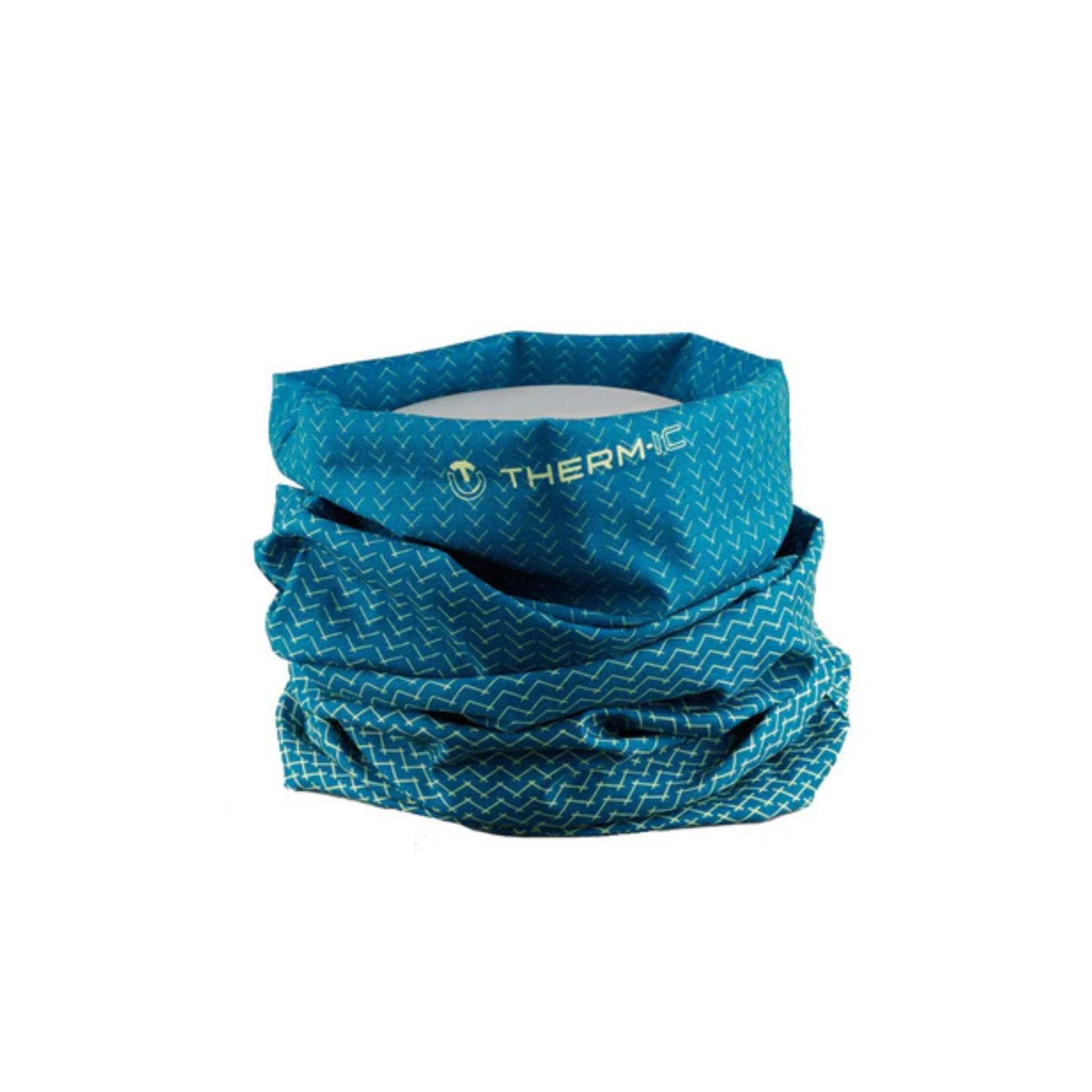 Blue patterned neck gaiter with brand logo on a white background