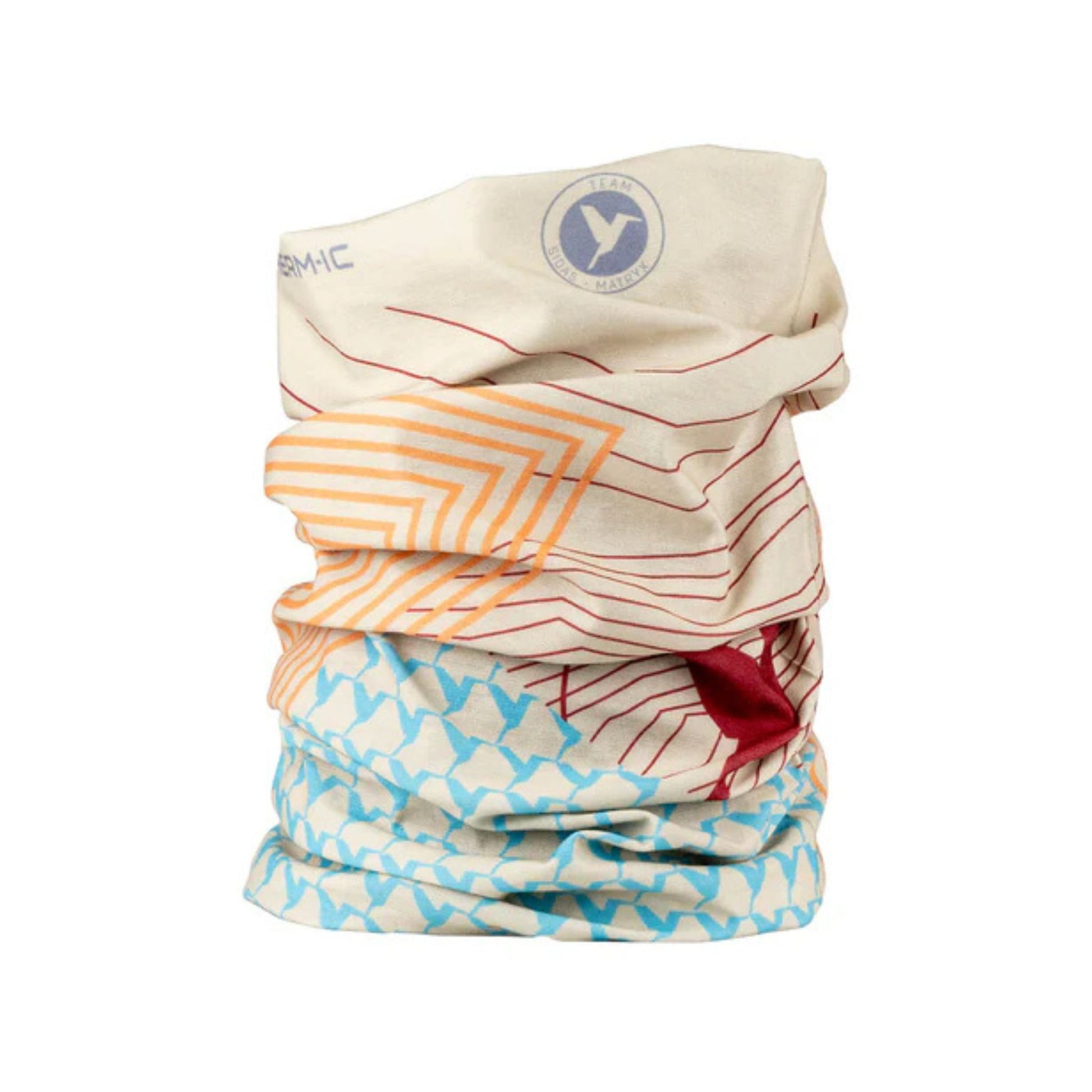 Multicolored neck gaiter with patterns and a logo on a white background