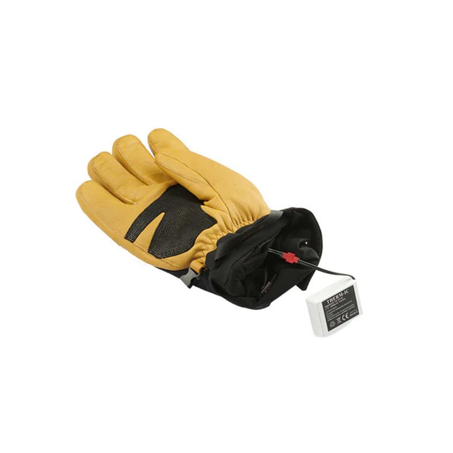 Yellow heated glove with black interior and battery pack on a white background