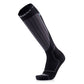 A single black and dark gray compression knee-high sock with ribbed panels and white branding on the cuff, shown on a plain white background.