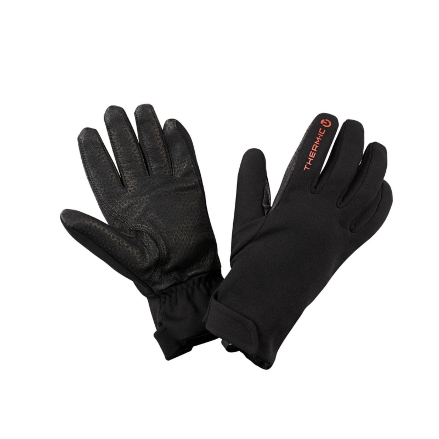 Pair of black gloves with 'Thermic' branding on a white background