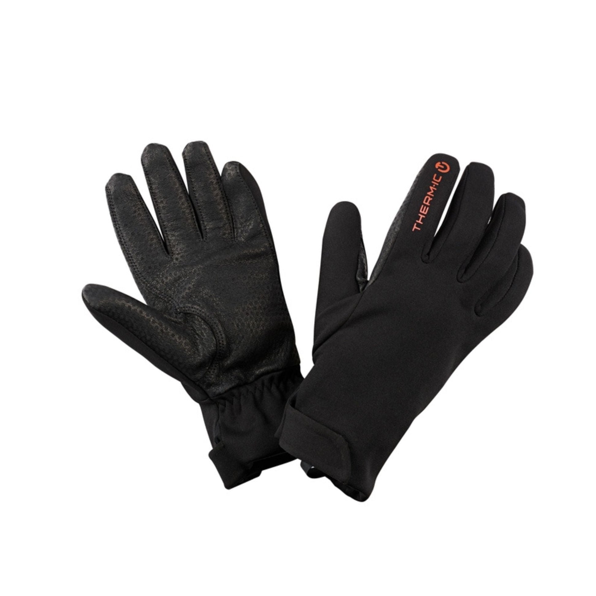 Pair of black gloves with 'Thermic' branding on a white background