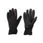 Pair of black gloves with a brand logo on a white background