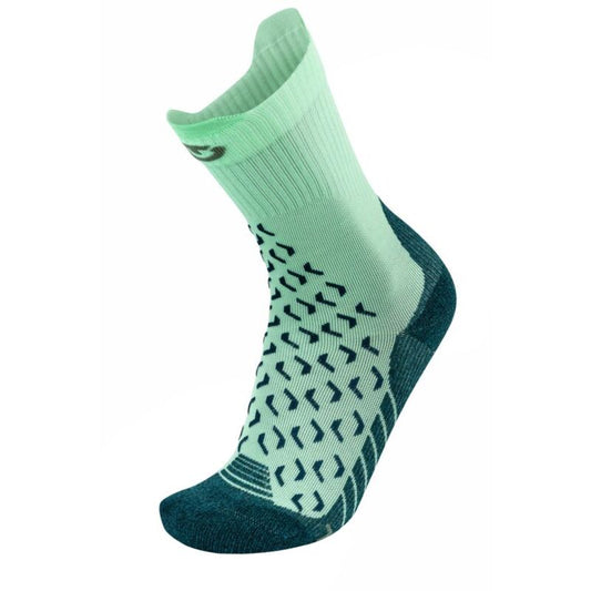 Green and blue sock with pattern on a white background