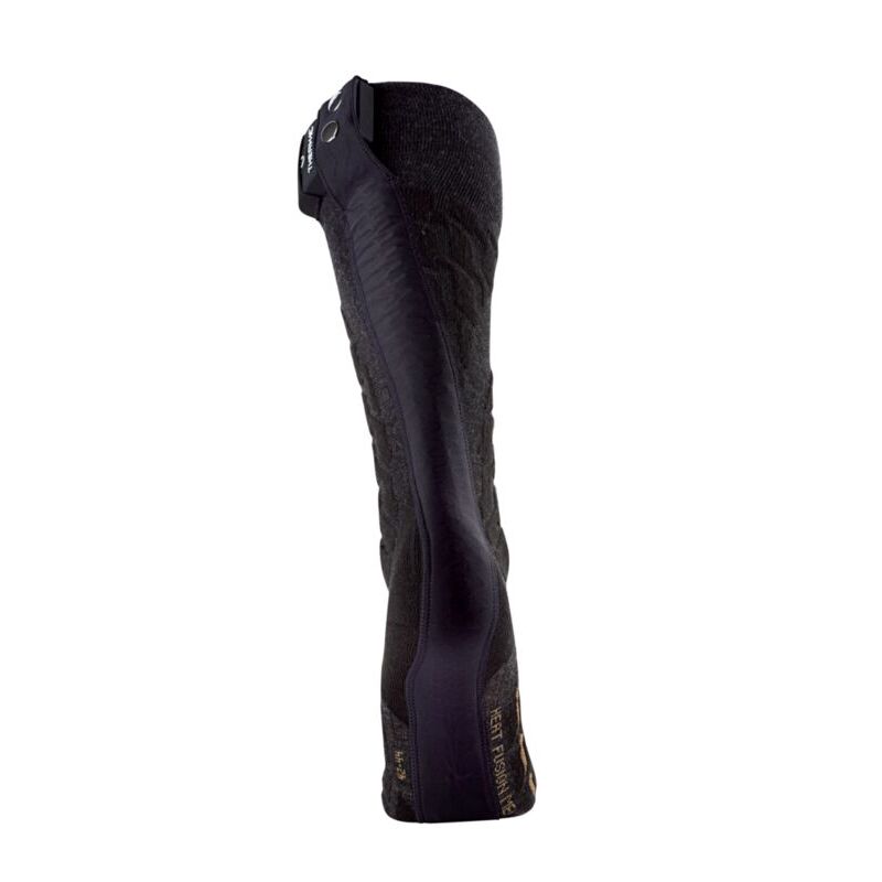 A single black knee-high compression sleeve or leg wrap shown from the side profile against a plain white background.