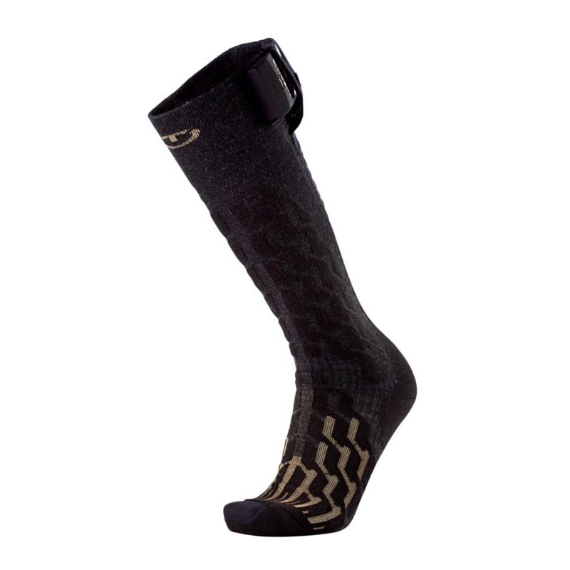 A single knee-high athletic sock in black with a textured knit pattern and beige geometric grip stripes on the sole, shown on a white background.