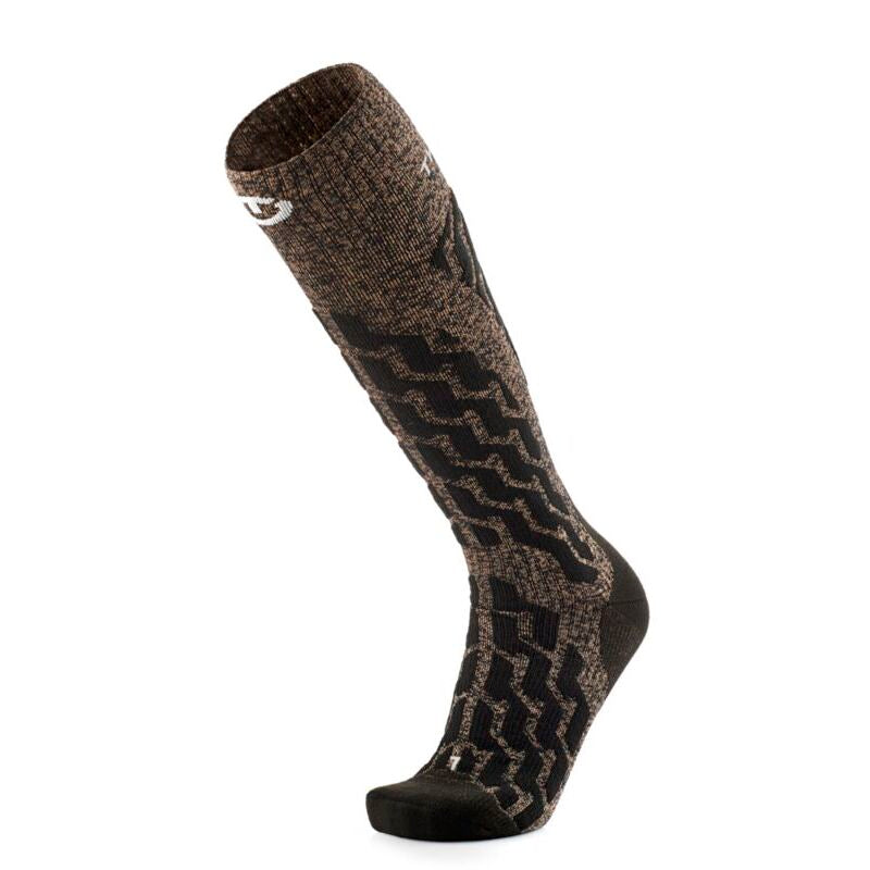 A single knee-high athletic sock in a brown and black wavy knit pattern, shown on a white background.