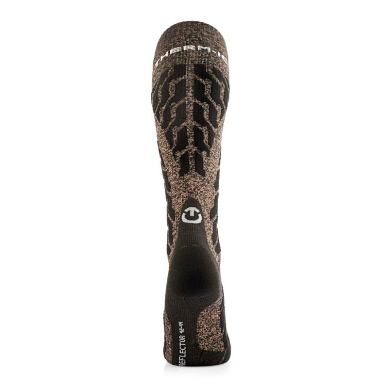 A single athletic crew sock shown from the back, featuring a black and brown speckled pattern with a solid black heel and toe, and the brand name 'THERM-IC' printed near the top.