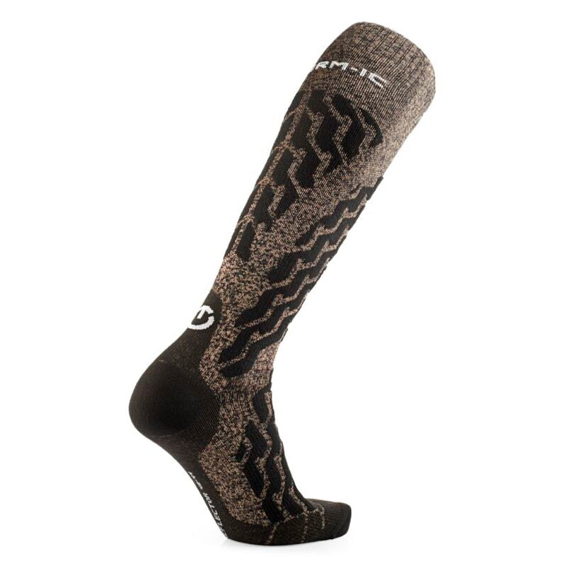 A single knee-high athletic sock shown on a white background, featuring a brown and black wavy pattern with a white Therm-ic logo near the top.