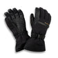 A pair of black winter gloves, one showing the back of the hand with ribbed panels and the other showing the palm with a wrist strap and buckle, on a white background.