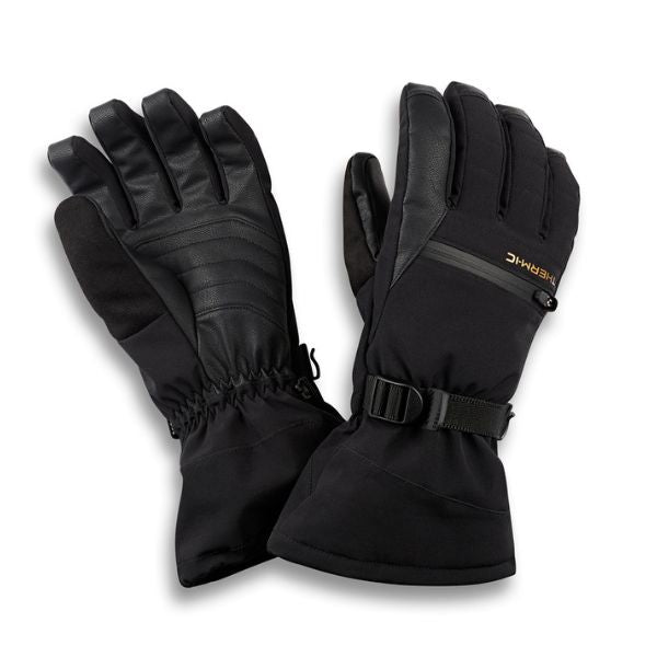 A pair of black winter gloves, one showing the back of the hand with ribbed panels and the other showing the palm with a wrist strap and buckle, on a white background.