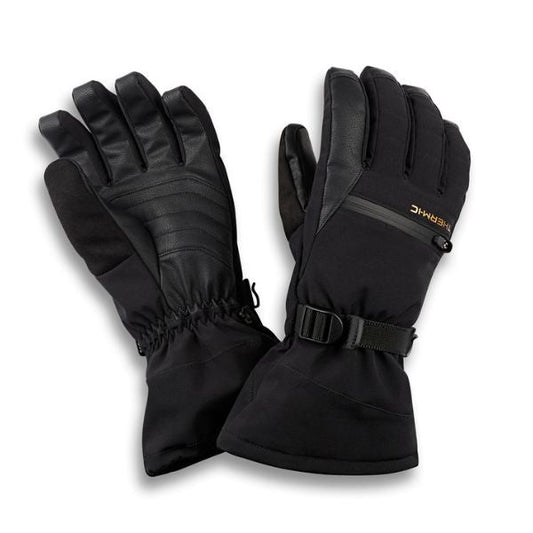 A pair of black winter gloves, one showing the back of the hand with ribbed panels and the other showing the palm with a wrist strap and buckle, on a white background.
