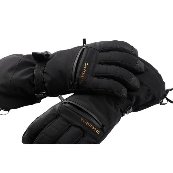 A pair of black Thermic insulated winter gloves with gold lettering, displayed against a solid white background.
