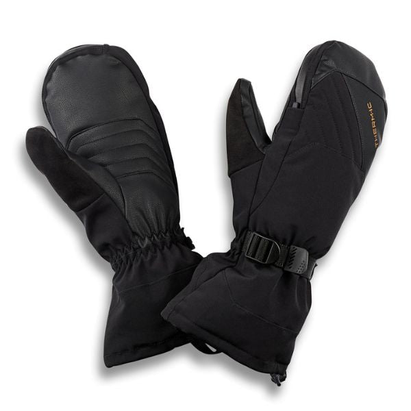 A pair of black insulated winter gloves with a wrist strap and buckle, shown on a white background. One glove is turned to show the back with stitched paneling, and the other shows the front with a vertical gold 'THERM-IC' logo.