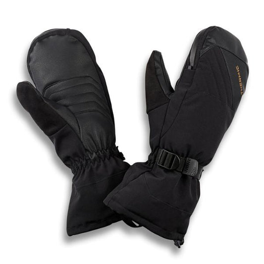 A pair of black insulated winter gloves with a wrist strap and buckle, shown on a white background. One glove is turned to show the back with stitched paneling, and the other shows the front with a vertical gold 'THERM-IC' logo.