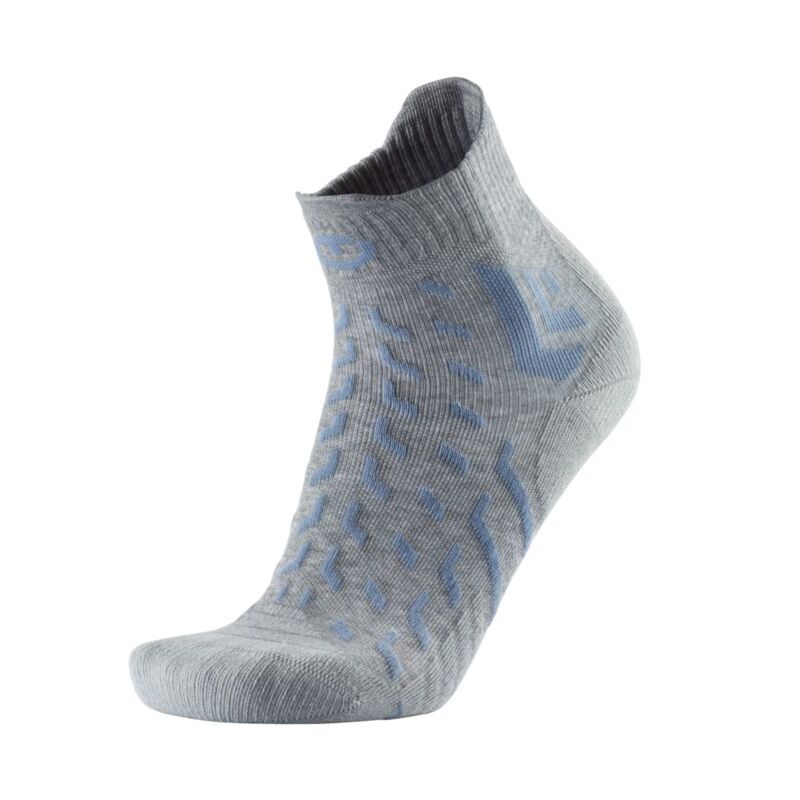 Gray sock with blue pattern on a white background