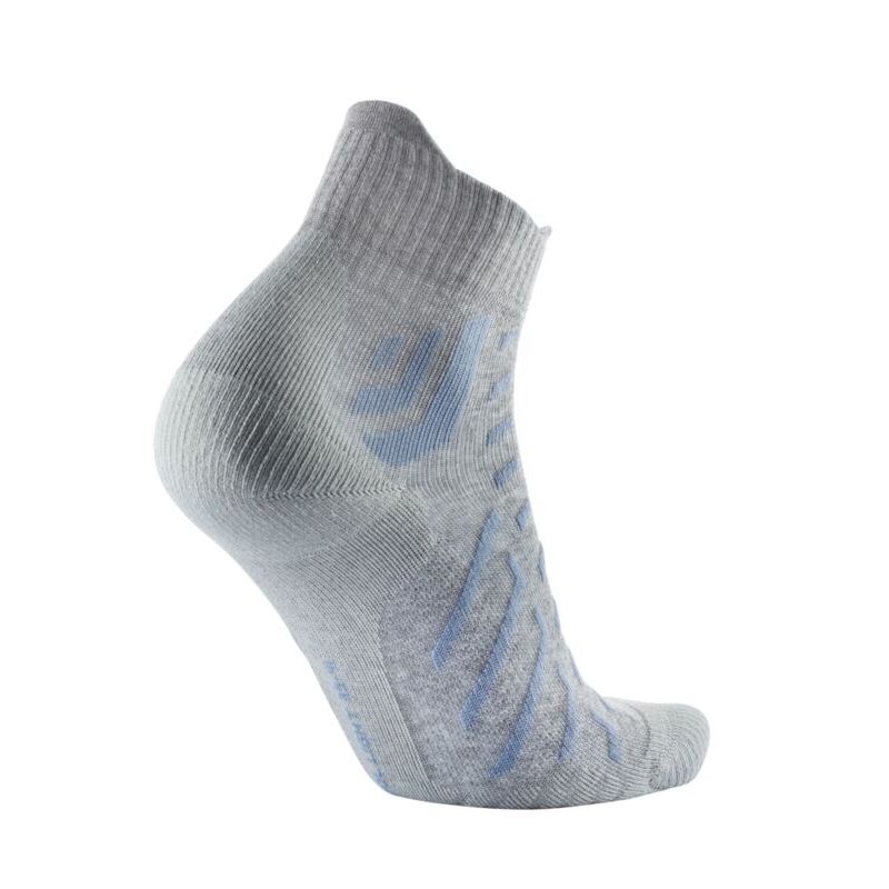 Gray ankle sock with blue accents on a white background