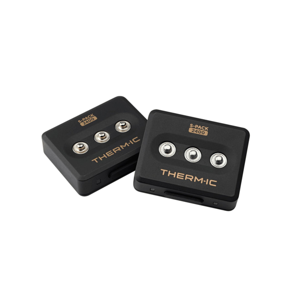 Two black Therm-Ic S- PACK 2400 batteries with  silver metal pins, shown on a clean white background.