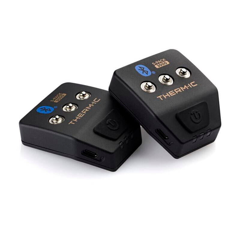 Two black THERMIC Bluetooth batteries with  power buttons, displayed on a clean white background.