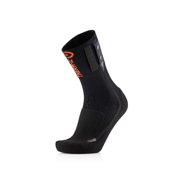 Black heated sock with orange branding on a white background