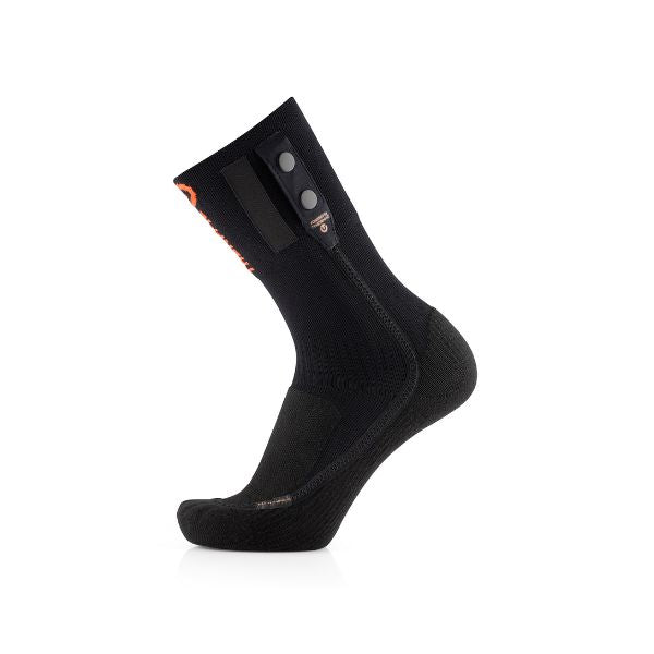 Black heated sock with orange accents on a white background